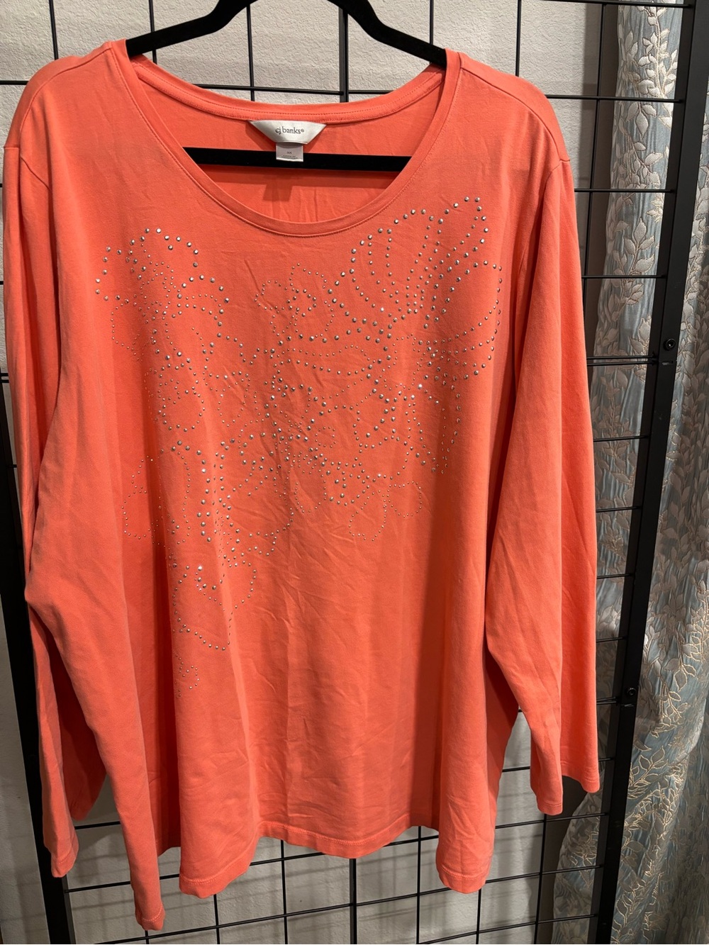 CJ Banks Coral Long-Sleeve Top with Rhinestone Floral Design